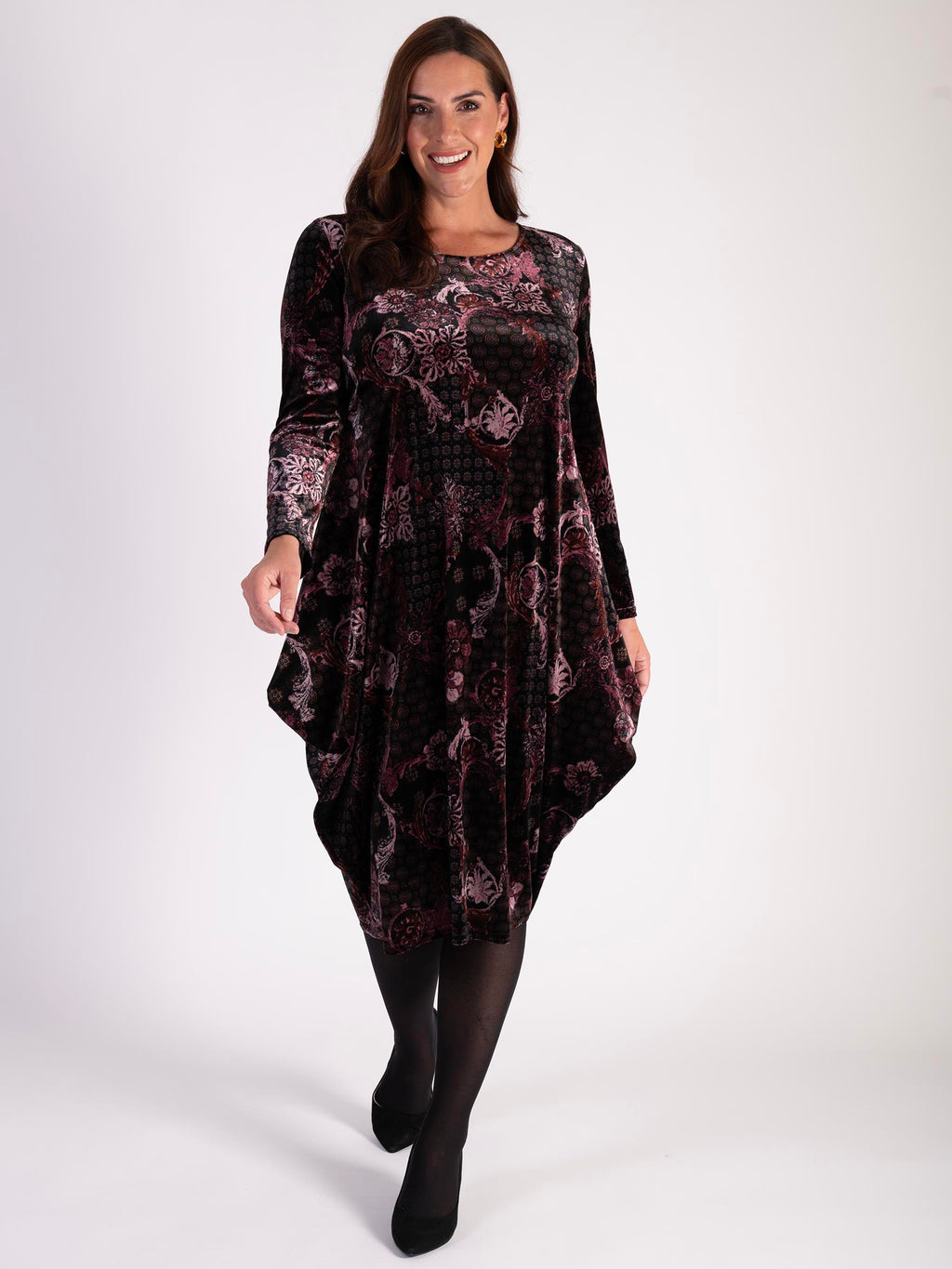 Claret Renaissance Print Velvet Drape Dress Pockets