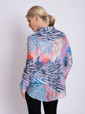 Blue/Multi Graphic Print Semi-Sheer Shirt with Front and Back Pintuck Detail