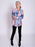 Blue/Multi Graphic Print Semi-Sheer Shirt with Front and Back Pintuck Detail