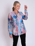 Blue/Multi Graphic Print Semi-Sheer Shirt with Front and Back Pintuck Detail