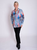 Blue/Multi Graphic Print Semi-Sheer Shirt with Front and Back Pintuck Detail