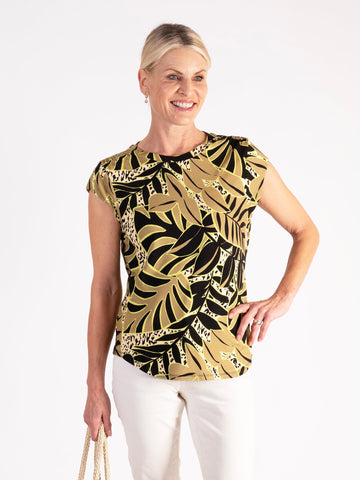 Avocado/Black Tropical Leaf Print Cap Sleeve Jersey Top