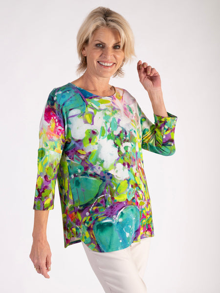 Flourish in Style: Green/Multi Abstract Spring Flowers Batwing Jersey Top – Key Trend for SS25