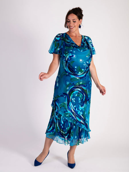 Teal/Cobalt Silk Mix Hand Painted Ocean Wave Cowl Neck Satin Devoree Dress- LIMITED EDITION