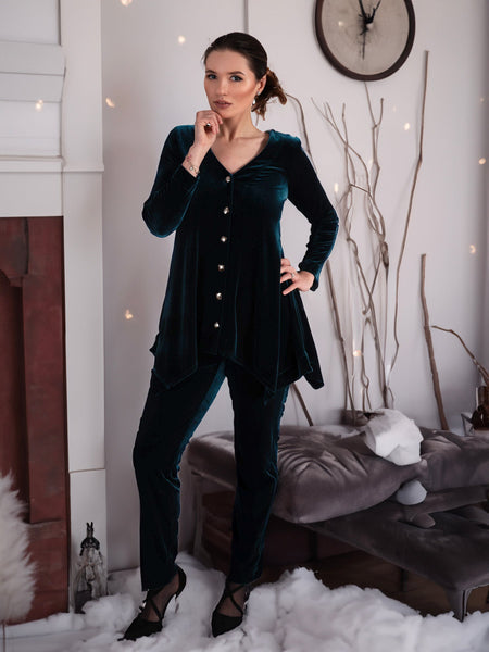 Teal Stretch Velvet Cardigan With Diamante Buttons