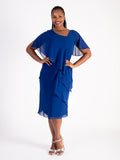 Exquisite Cobalt Tiered Chiffon Dress with Asymmetric Neckline and Shoulder Diamanté Detail