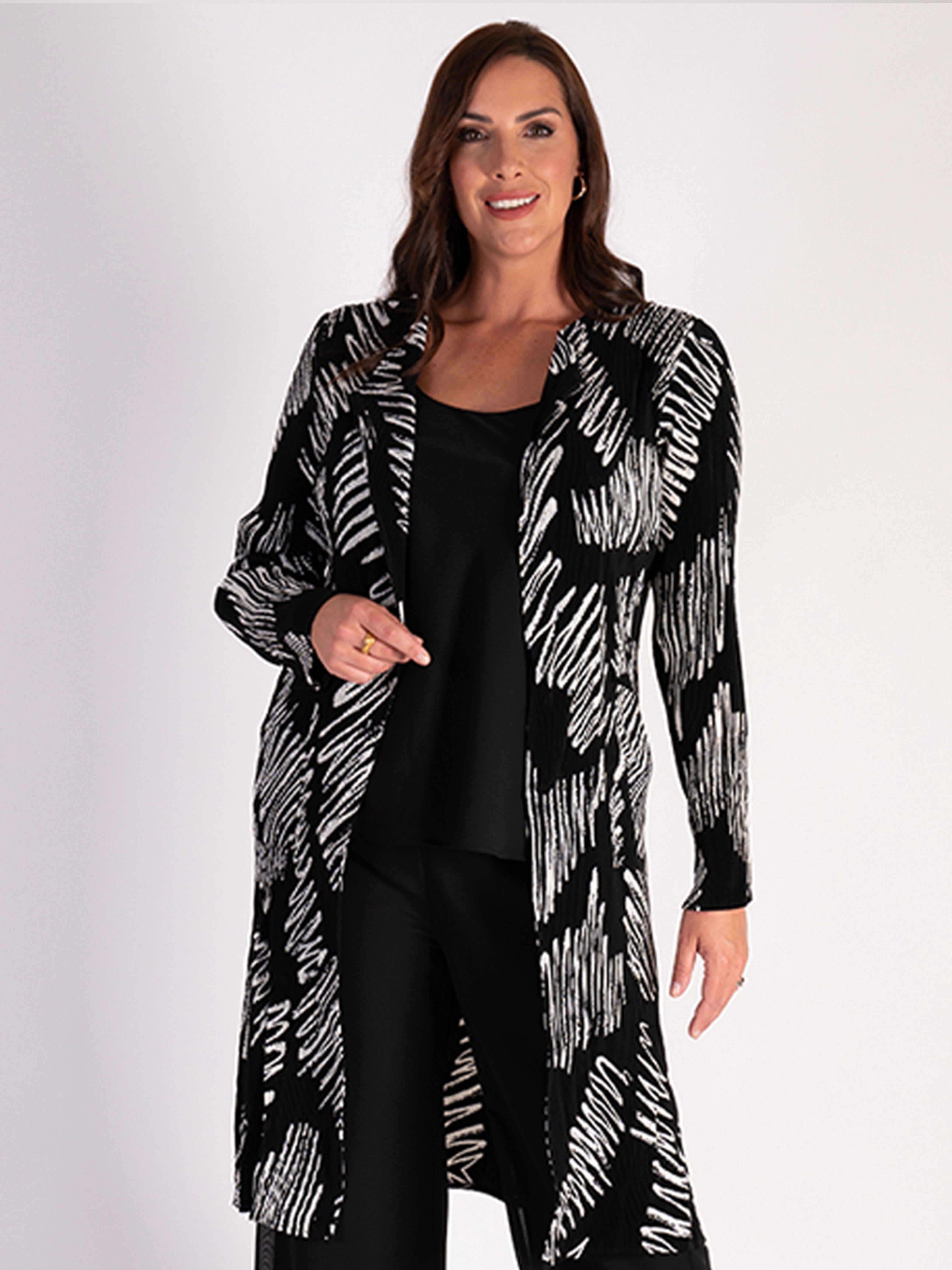 Black/White Scribble Print Longline Pleated Jacket | Chesca Direct