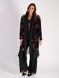 Opulent Black/Claret/Pink Renaissance Print Velvet Long Coat with Chiffon Trim