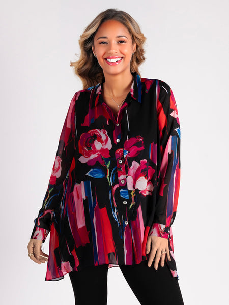 Black Rose Print Chiffon Blouse With Back Pleated Detail