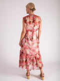 Pink/Red Ethereal Peony Print Tiered A-Line Chiffon Dress