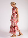 Pink/Red Ethereal Peony Print Tiered A-Line Chiffon Dress