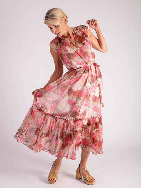 Pink/Red Ethereal Peony Print Tiered A-Line Chiffon Dress