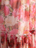 Pink/Red Ethereal Peony Print Tiered A-Line Chiffon Dress