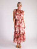 Pink/Red Ethereal Peony Print Tiered A-Line Chiffon Dress