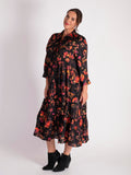 Floral Noir Black/Red Floral Print Button Front Dress