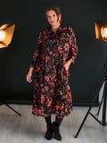 Floral Noir Black/Red Floral Print Button Front Dress