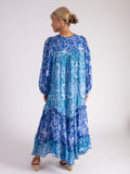Cobalt/Turquoise Floral Wave Tiered Dress with Balloon Sleeves and Pintuck Panel