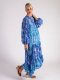 Cobalt/Turquoise Floral Wave Tiered Dress with Balloon Sleeves and Pintuck Panel