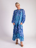 Cobalt/Turquoise Floral Wave Tiered Dress with Balloon Sleeves and Pintuck Panel
