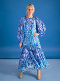 Cobalt/Turquoise Floral Wave Tiered Dress with Balloon Sleeves and Pintuck Panel