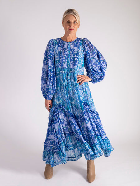Cobalt/Turquoise Floral Wave Tiered Dress with Balloon Sleeves and Pintuck Panel