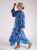 Cobalt/Turquoise Floral Wave Tiered Dress with Balloon Sleeves and Pintuck Panel