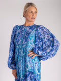 Cobalt/Turquoise Floral Wave Tiered Dress with Balloon Sleeves and Pintuck Panel