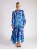 Cobalt/Turquoise Floral Wave Tiered Dress with Balloon Sleeves and Pintuck Panel