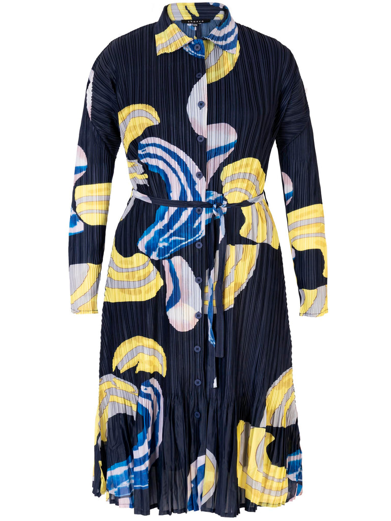 Navy/Yellow Plisse Pleated Shirt Dress With Belt Tie | Chesca Direct