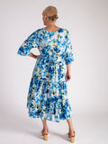 Blue/Multi Floral Print V Neck Crinkle Cotton Midi Dress