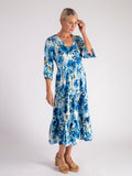 Blue/Multi Floral Print V Neck Crinkle Cotton Midi Dress