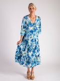 Blue/Multi Floral Print V Neck Crinkle Cotton Midi Dress