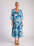 Blue/Multi Floral Print V Neck Crinkle Cotton Midi Dress