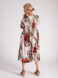 White/Multi Circle Print Pleated Cotton Midi Dress