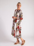 White/Multi Circle Print Pleated Cotton Midi Dress