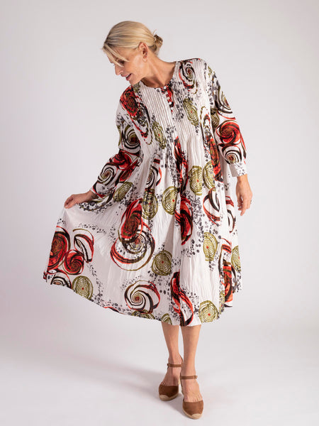 White/Multi Circle Print Pleated Cotton Midi Dress