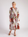 White/Multi Circle Print Pleated Cotton Midi Dress