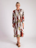 White/Multi Circle Print Pleated Cotton Midi Dress