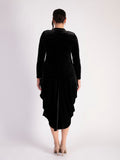 Black Stretch Velvet Drape Dress with Button Placket