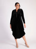 Black Stretch Velvet Drape Dress with Button Placket