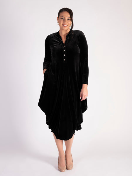 Black Stretch Velvet Drape Dress with Button Placket