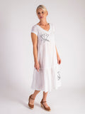 White V-Neck Cotton Midi Dress with Embroidered Flower Detail