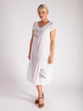 White V-Neck Cotton Midi Dress with Embroidered Flower Detail