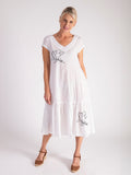 White V-Neck Cotton Midi Dress with Embroidered Flower Detail