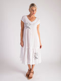 White V-Neck Cotton Midi Dress with Embroidered Flower Detail