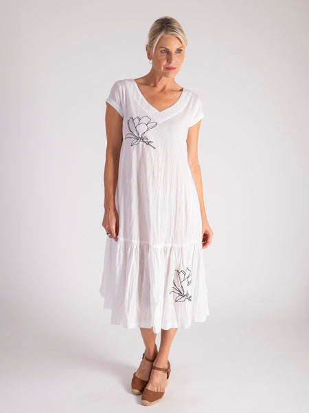 White V-Neck Cotton Midi Dress with Embroidered Flower Detail