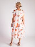 White/Apricot Watercolour Floral Print Cotton Midi Dress