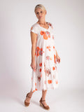White/Apricot Watercolour Floral Print Cotton Midi Dress