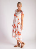 White/Apricot Watercolour Floral Print Cotton Midi Dress