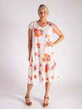 White/Apricot Watercolour Floral Print Cotton Midi Dress